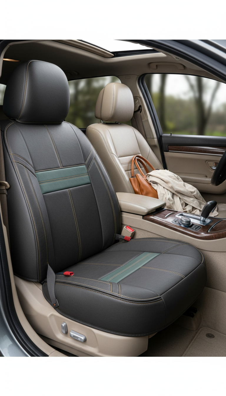 Leather seat cover with contrast stitching